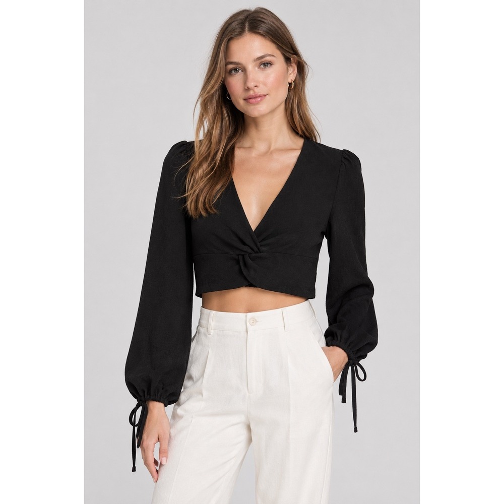 JOA Just One Answer Black Twist Front Crop Top Long Sleeve Tie Cuff Small